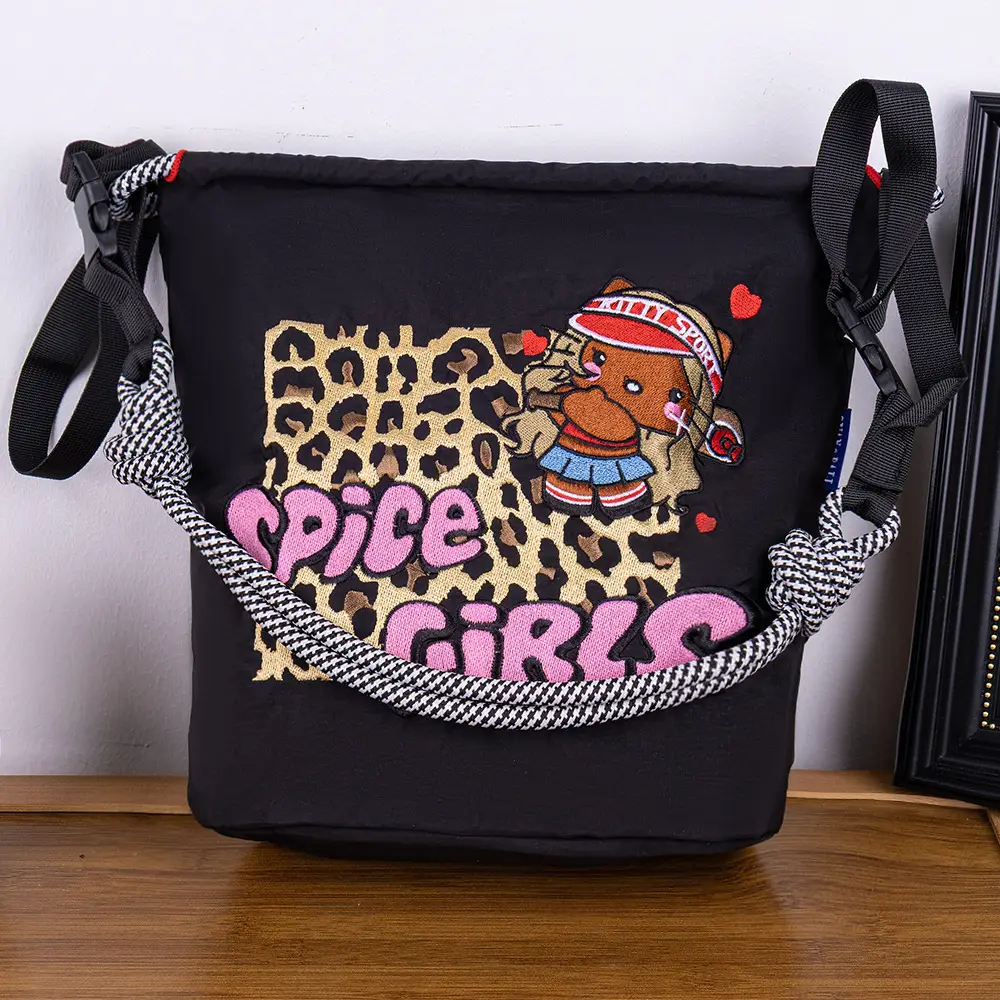 Adjustable Embroidered Zipper Bucket Bag for Girls