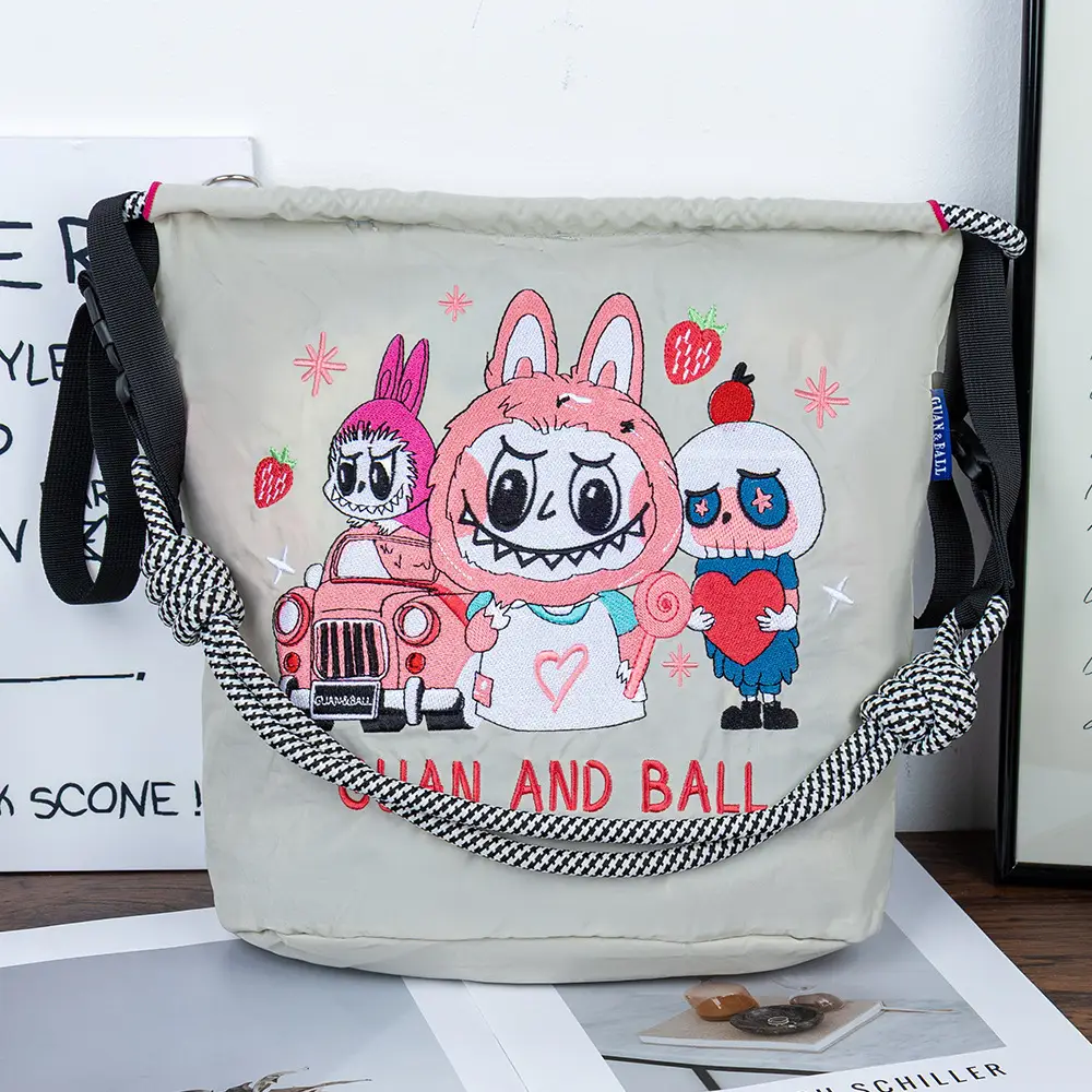 Adjustable Embroidered Zipper Bucket Bag for Girls