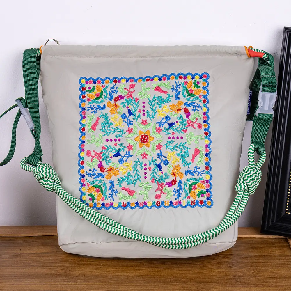 Adjustable Embroidered Zipper Bucket Bag for Girls