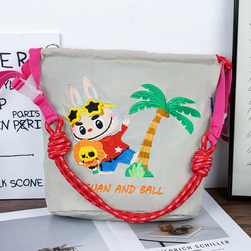 Adjustable Embroidered Zipper Bucket Bag for Girls