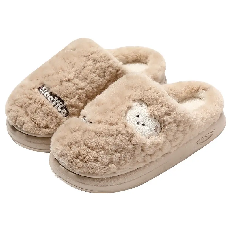 Plush Bear Cotton Slippers for Women, Autumn and Winter Home Indoor Non-Slip Plush Warm Soft-Soled Furry Slippers for Men Wholesale