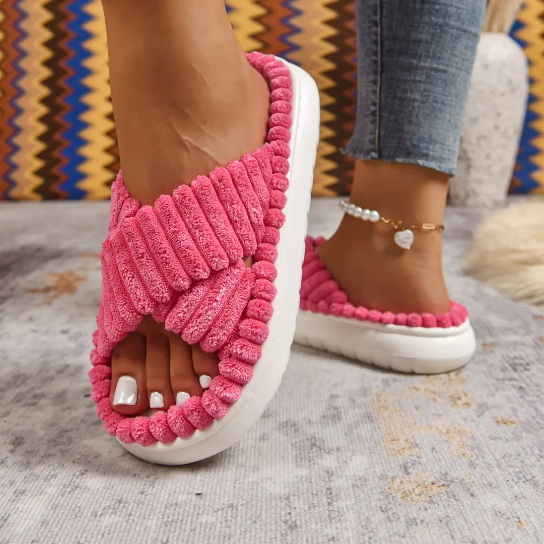 Cross-Border Amazon Ins European and American Style Furry Cross-Strap Cotton Slippers for Women, Skin-Friendly Plush Cotton Slippers for Women Wholesale — feature 19