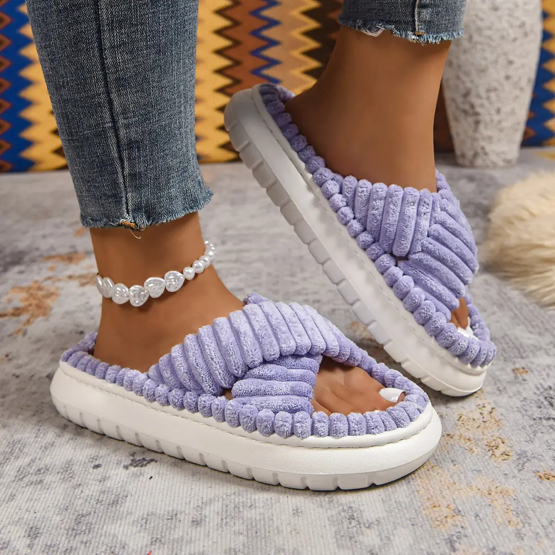 Cross-Border Amazon Ins European and American Style Furry Cross-Strap Cotton Slippers for Women, Skin-Friendly Plush Cotton Slippers for Women Wholesale — feature 26