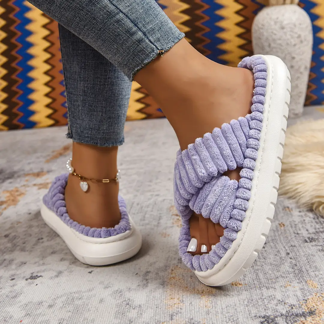 Cross-Border Amazon Ins European and American Style Furry Cross-Strap Cotton Slippers for Women, Skin-Friendly Plush Cotton Slippers for Women Wholesale — feature 27