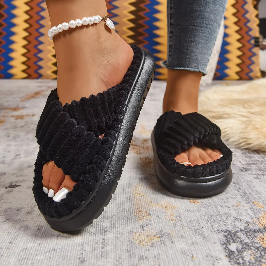 Cross-Border Amazon Ins European and American Style Furry Cross-Strap Cotton Slippers for Women, Skin-Friendly Plush Cotton Slippers for Women Wholesale — feature 42