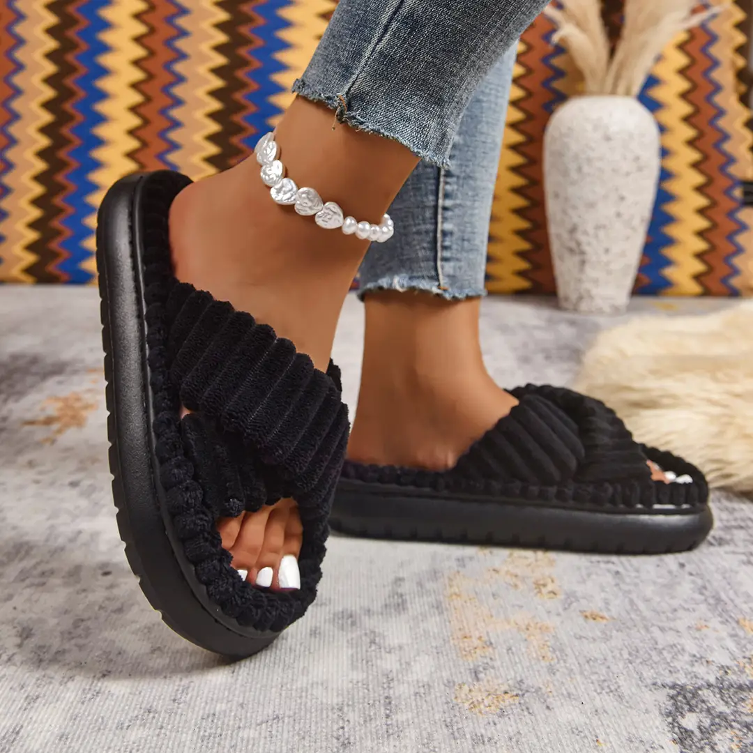 Cross-Border Amazon Ins European and American Style Furry Cross-Strap Cotton Slippers for Women, Skin-Friendly Plush Cotton Slippers for Women Wholesale — feature 44