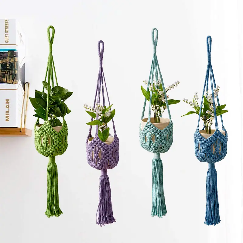 New Cross-Border Woven Flower Pot Hanging Net Bag Cotton Thread Gardening Green Plant Flower Pot Hanging Basket Handmade Woven Flower Pot Hanging Net