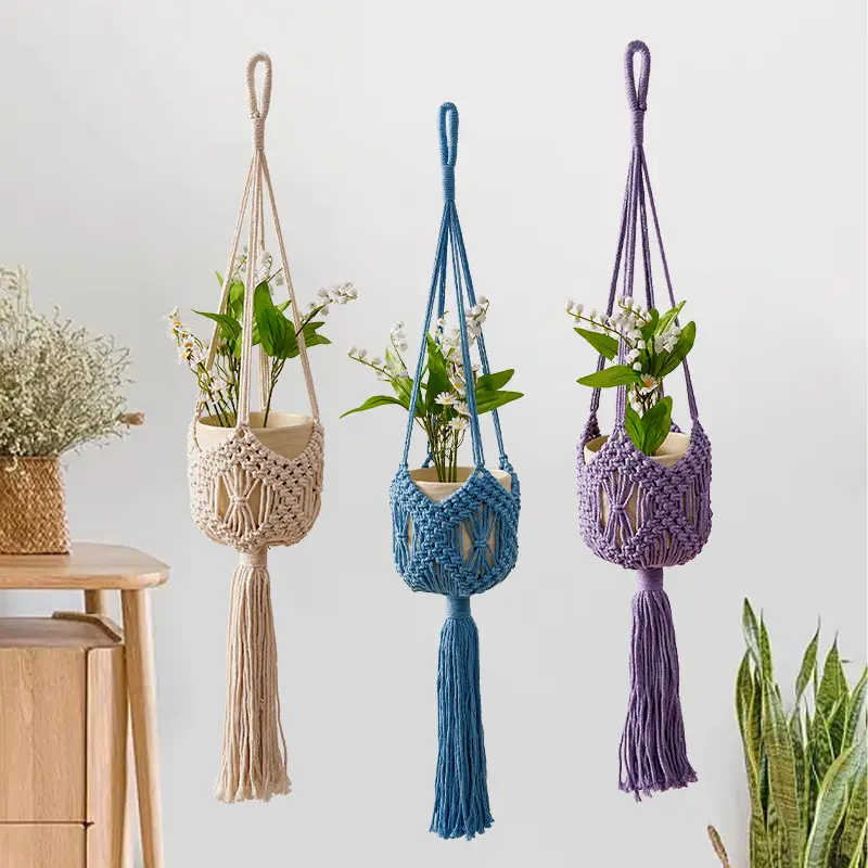 New Cross-Border Woven Flower Pot Hanging Net Bag Cotton Thread Gardening Green Plant Flower Pot Hanging Basket Handmade Woven Flower Pot Hanging Net