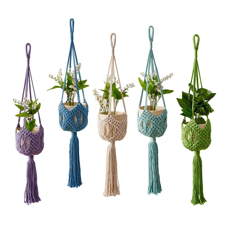 New Cross-Border Woven Flower Pot Hanging Net Bag Cotton Thread Gardening Green Plant Flower Pot Hanging Basket Handmade Woven Flower Pot Hanging Net