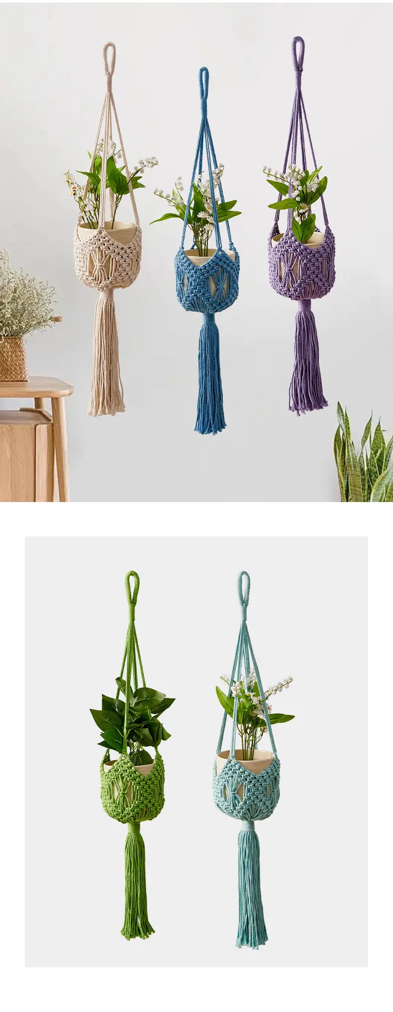 New Cross-Border Woven Flower Pot Hanging Net Bag Cotton Thread Gardening Green Plant Flower Pot Hanging Basket Handmade Woven Flower Pot Hanging Net — feature 10