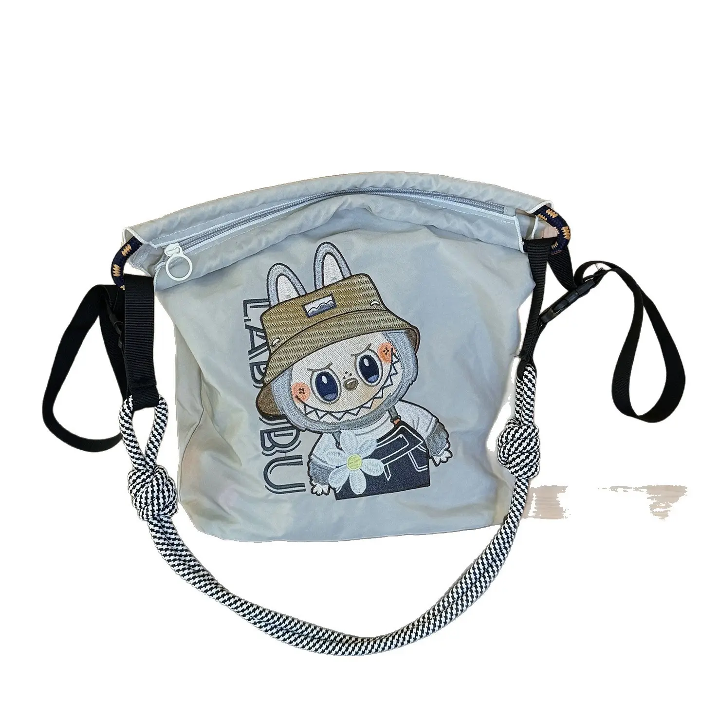Adjustable Embroidered Zipper Bucket Bag for Girls