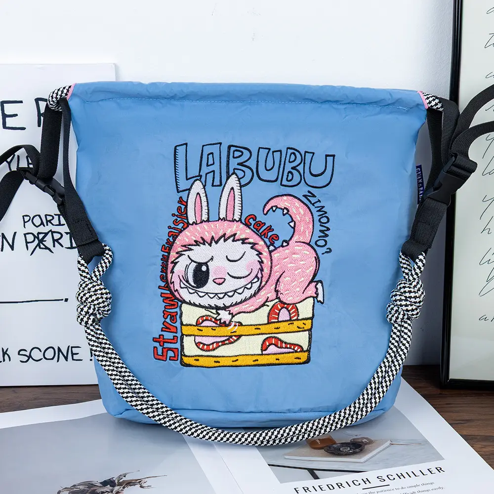 Adjustable Embroidered Zipper Bucket Bag for Girls