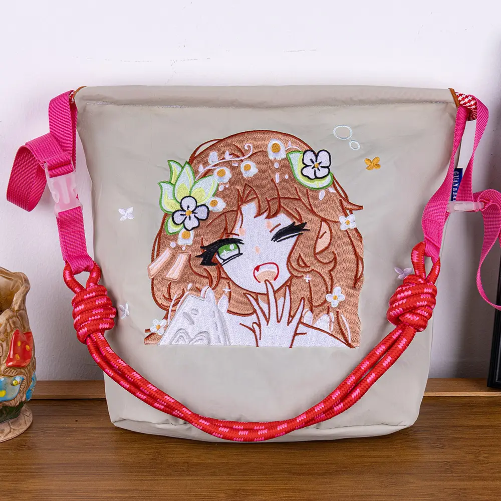 Adjustable Embroidered Zipper Bucket Bag for Girls
