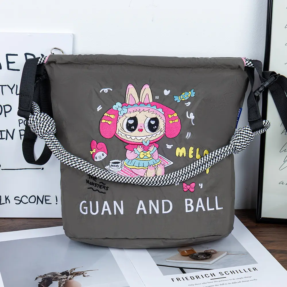 Adjustable Embroidered Zipper Bucket Bag for Girls