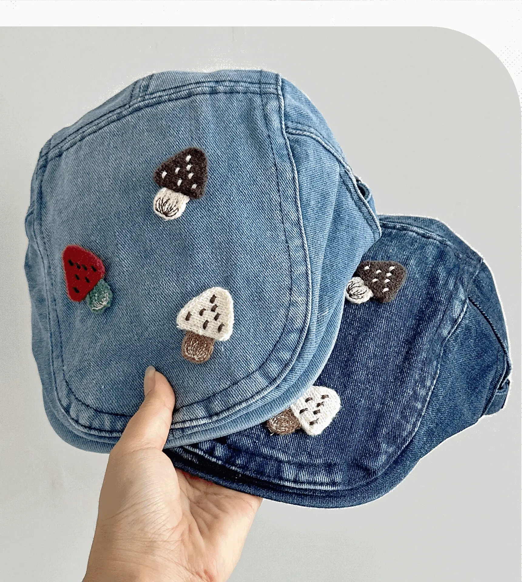 Women's Mushroom Denim Cap with Face Patch 2025 — feature 28