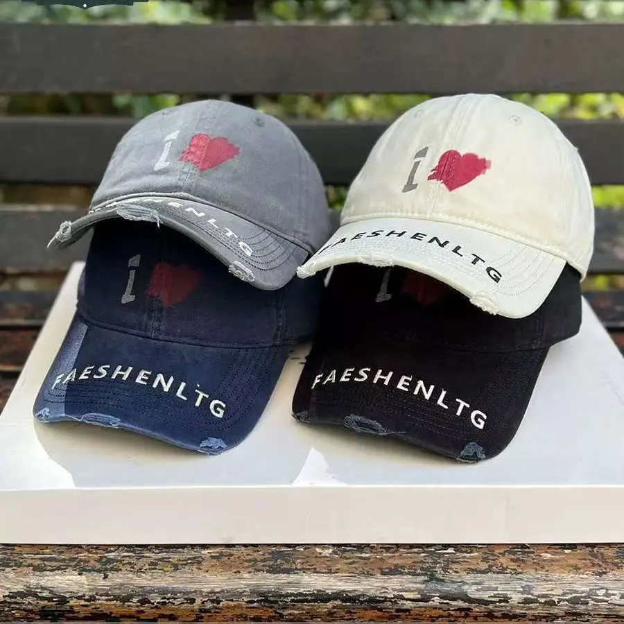 Women Heart Graffiti Cap Distressed Cotton Black - Image 5