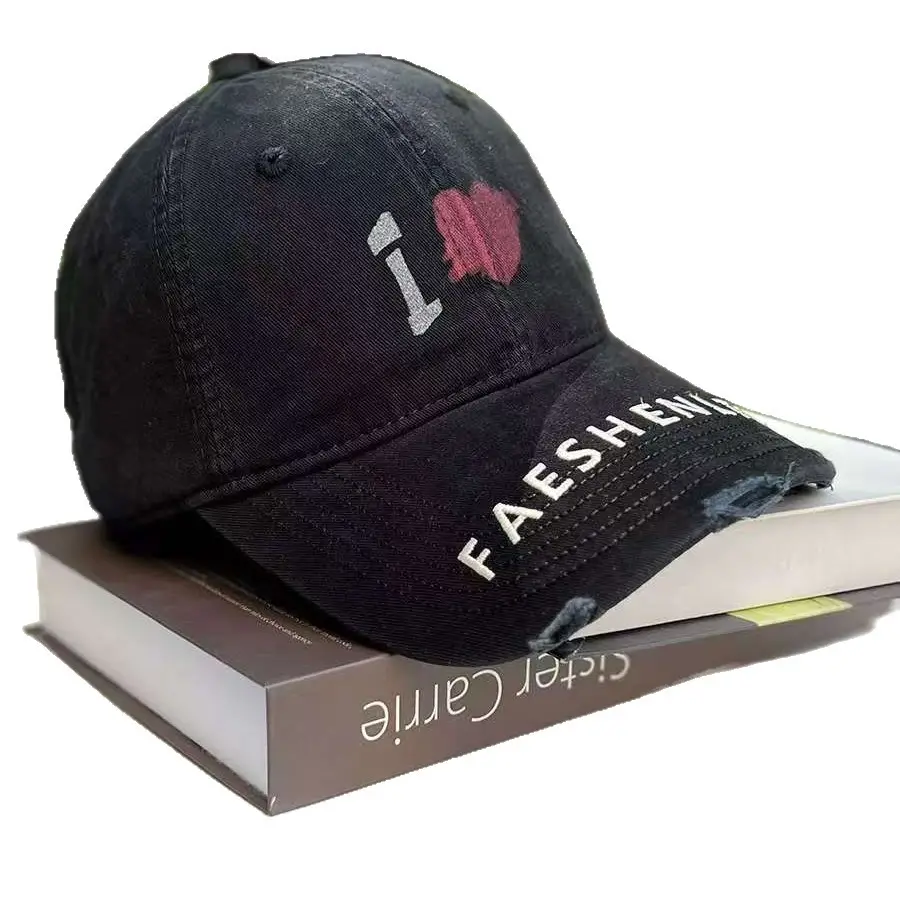 Women Heart Graffiti Cap Distressed Cotton Black - Image 9