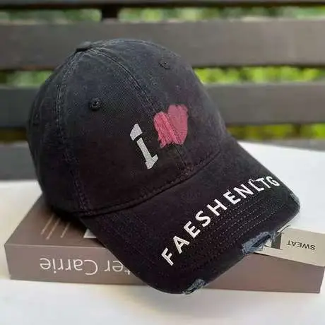 Women Heart Graffiti Cap Distressed Cotton Black - Image 3