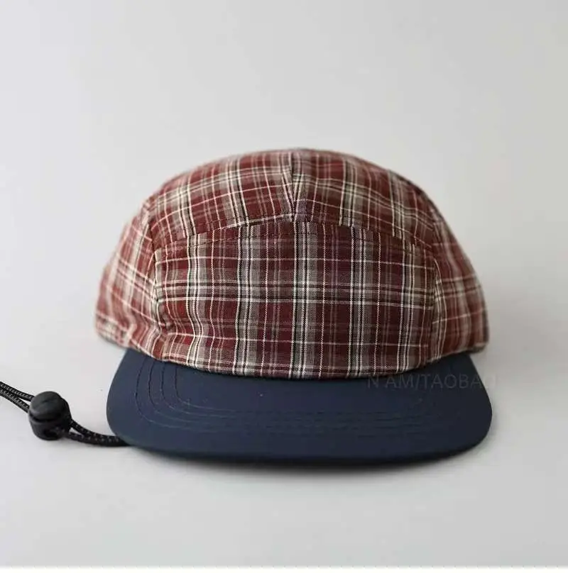 Japanese Plaid Drawstring Cap for Men Brown - Image 4