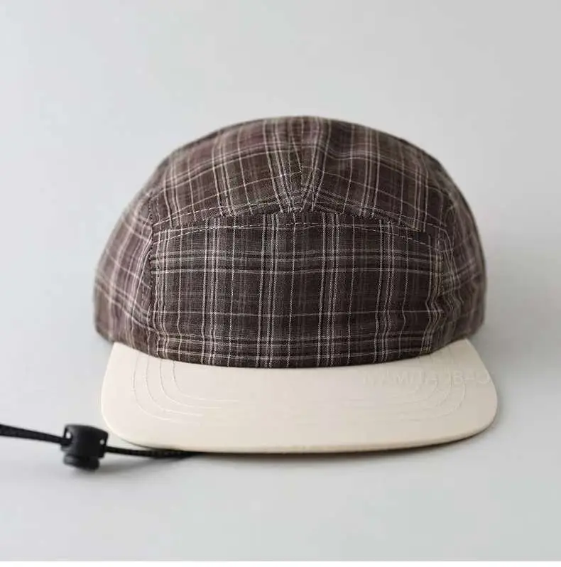 Japanese Plaid Drawstring Cap for Men Brown — feature 2