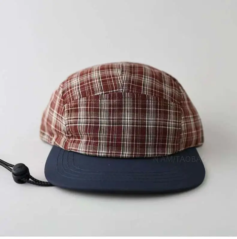 Japanese Plaid Drawstring Cap for Men Brown — feature 4