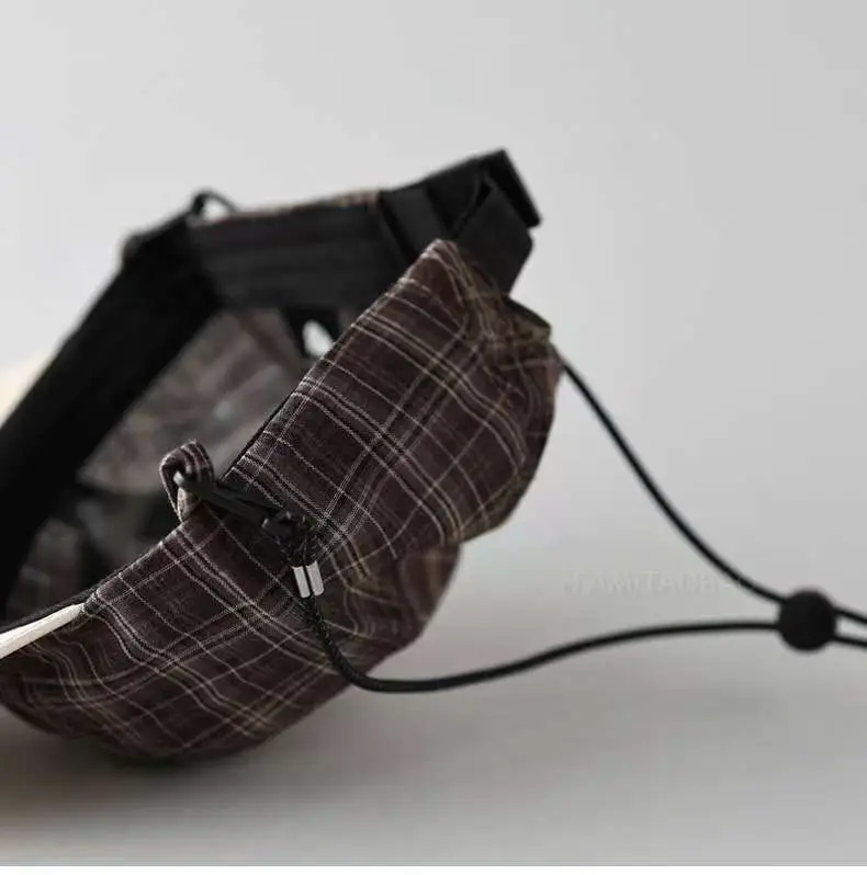Japanese Plaid Drawstring Cap for Men Brown — feature 9