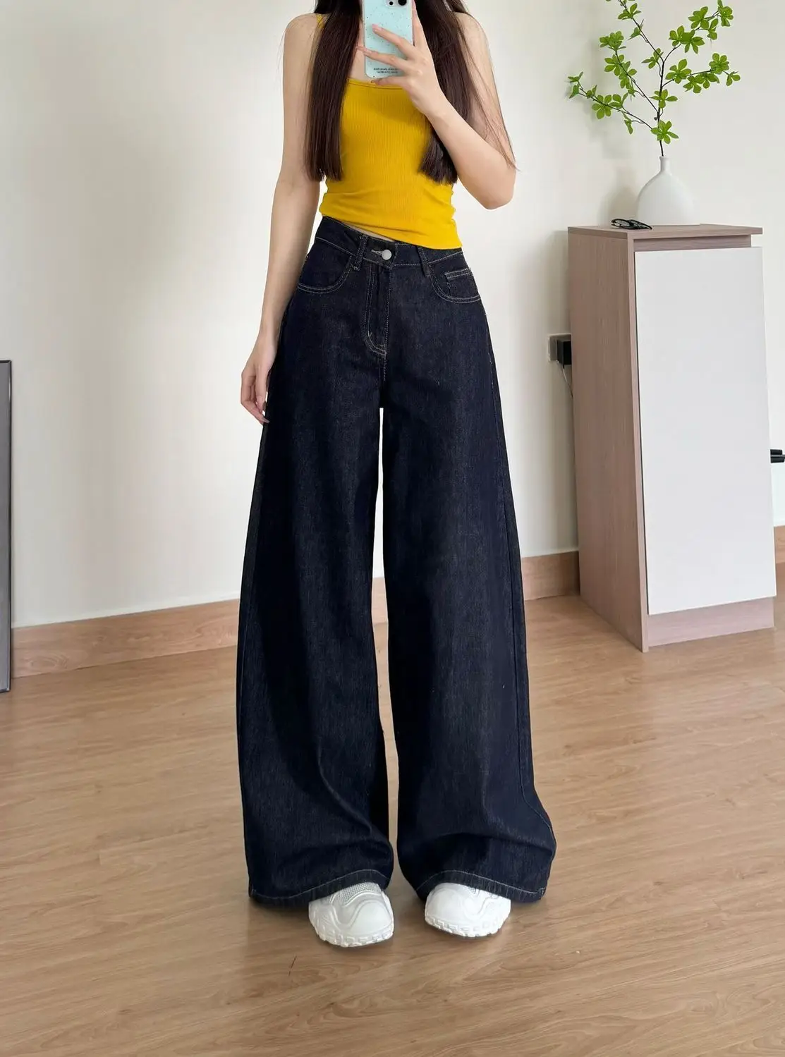 Dark Blue Wide Leg Jeans 2025 High Waist Slimming Drape — feature 2