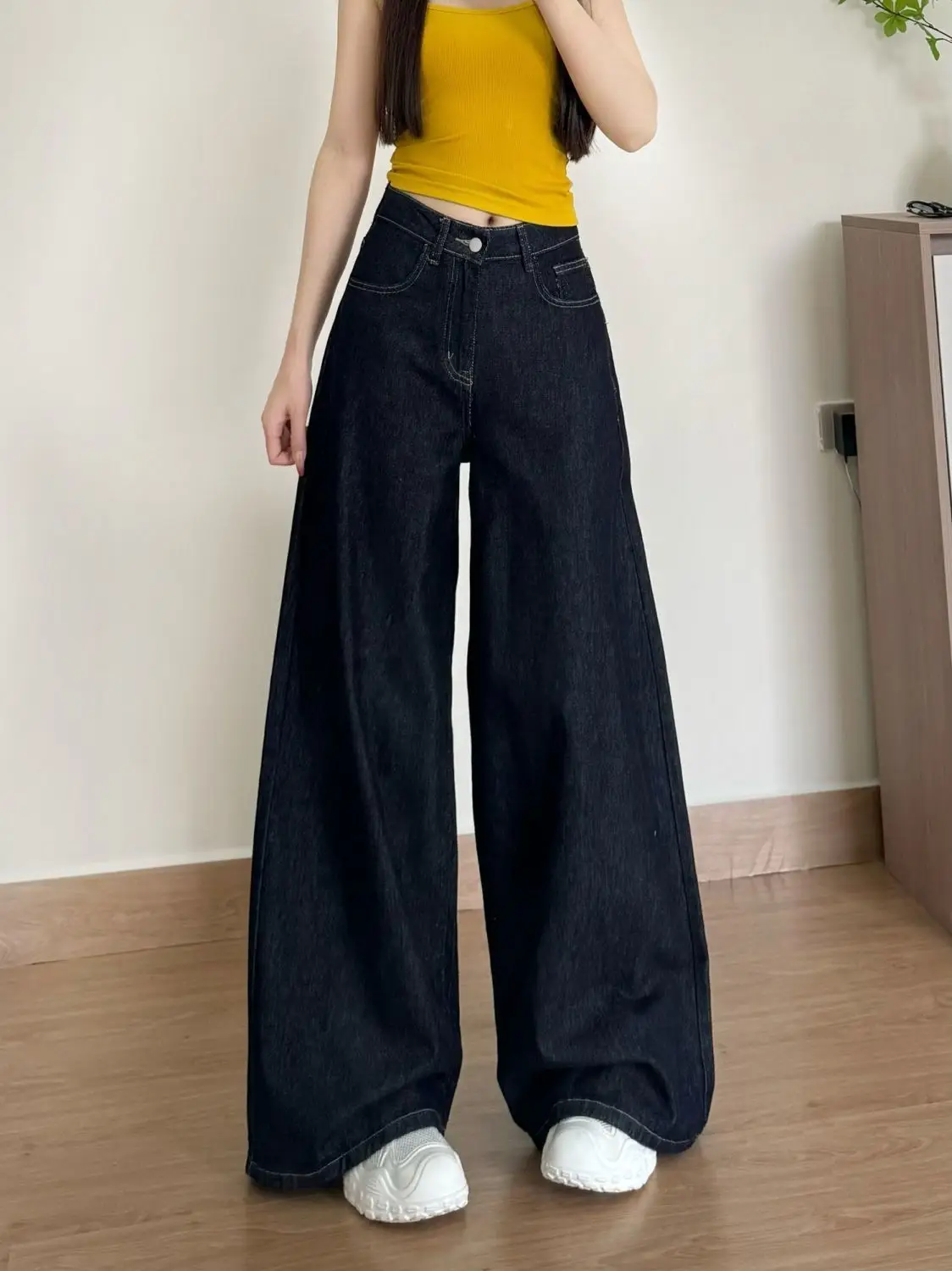 Dark Blue Wide Leg Jeans 2025 High Waist Slimming Drape — feature 4
