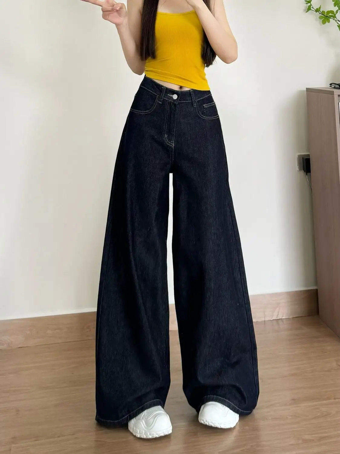 Dark Blue Wide Leg Jeans 2025 High Waist Slimming Drape — feature 5