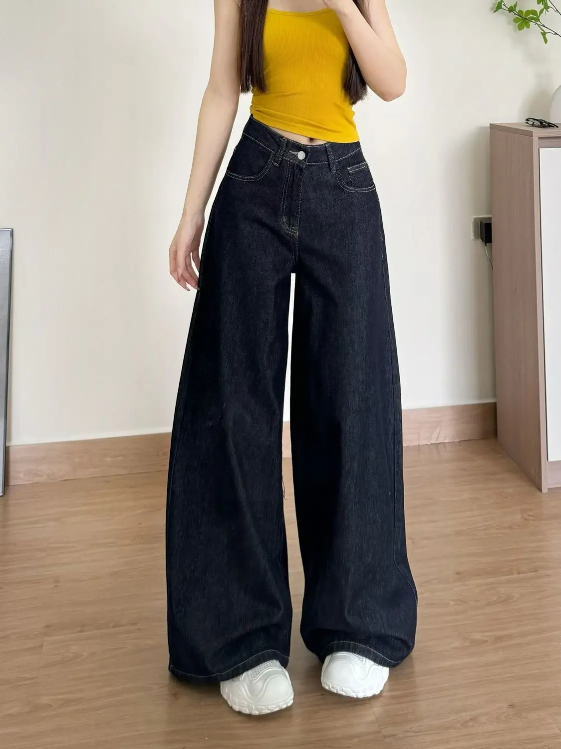 Dark Blue Wide Leg Jeans 2025 High Waist Slimming Drape — feature 6