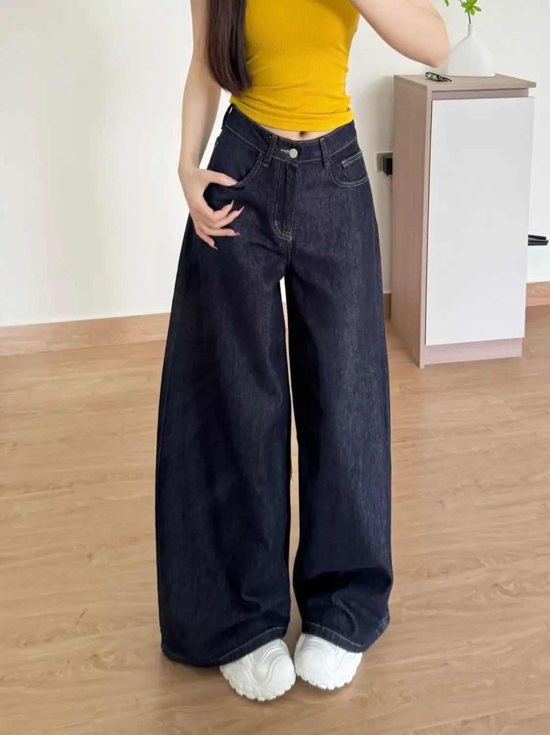 Dark Blue Wide Leg Jeans 2025 High Waist Slimming Drape — feature 8
