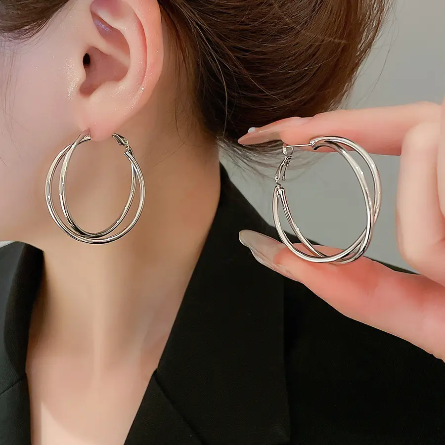 European and American Cross-Border Silver Needle Hoop Earrings, Metal Minimalist Style, Fashionable Versatile Simple Earrings with a Unique Design — feature 26