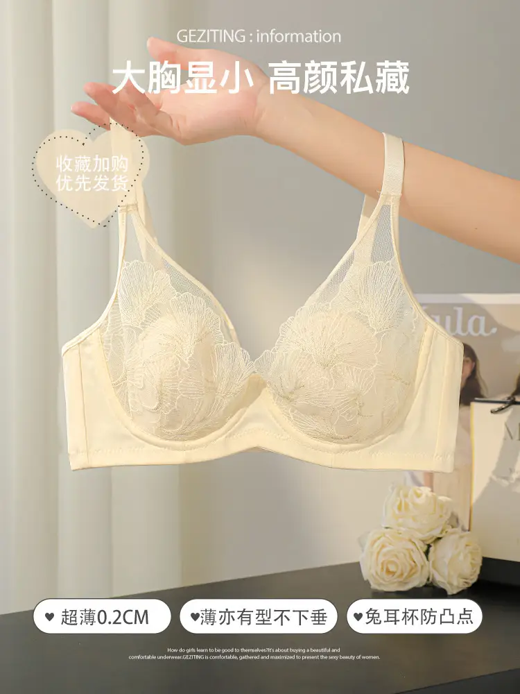 Soft Steel Ring Summer Bra for Large Busts, Minimizing Appearance, Women's Bra with Side Support, Anti-Sagging, Breathable, Rabbit Ear Cup, Ultra-Thin Style