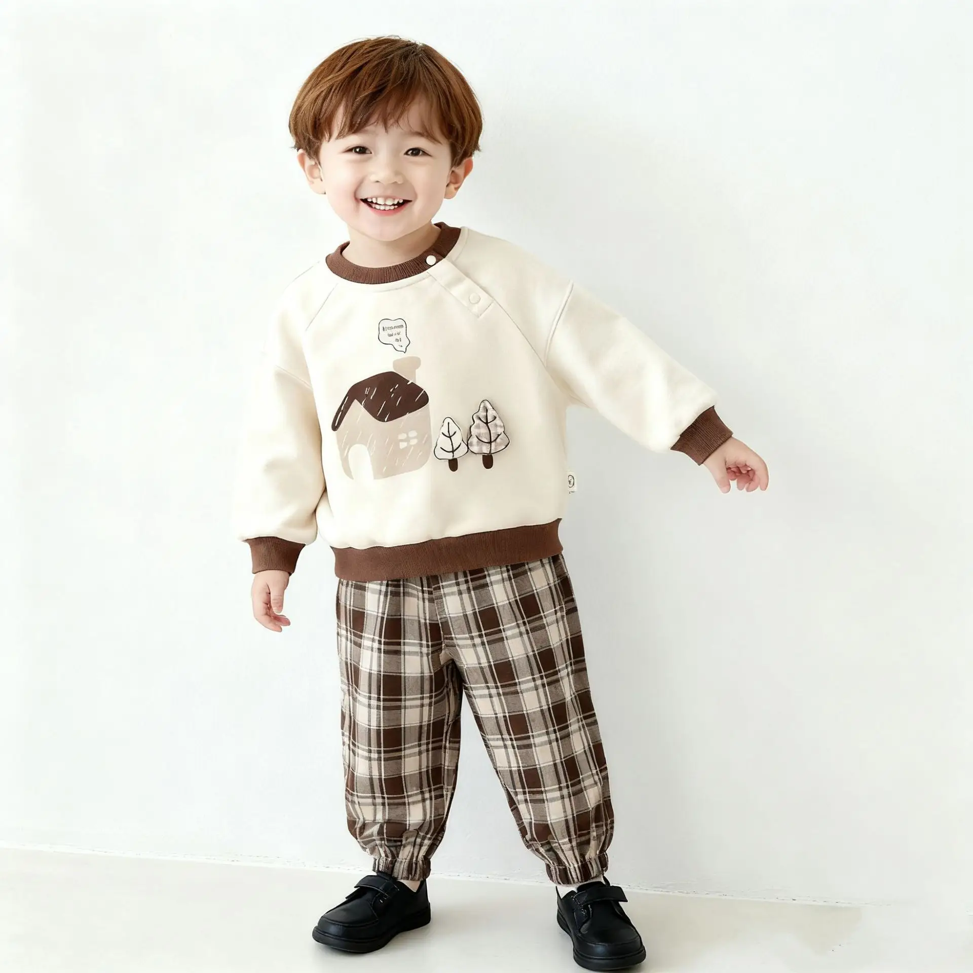 Children's Cartoon Printed Sweatshirt Set Brown Plaid - Image 6