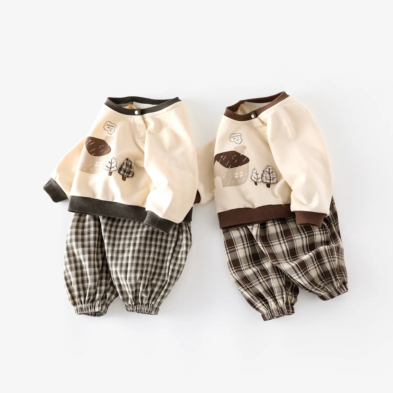 Children's Cartoon Printed Sweatshirt Set Brown Plaid - Image 7