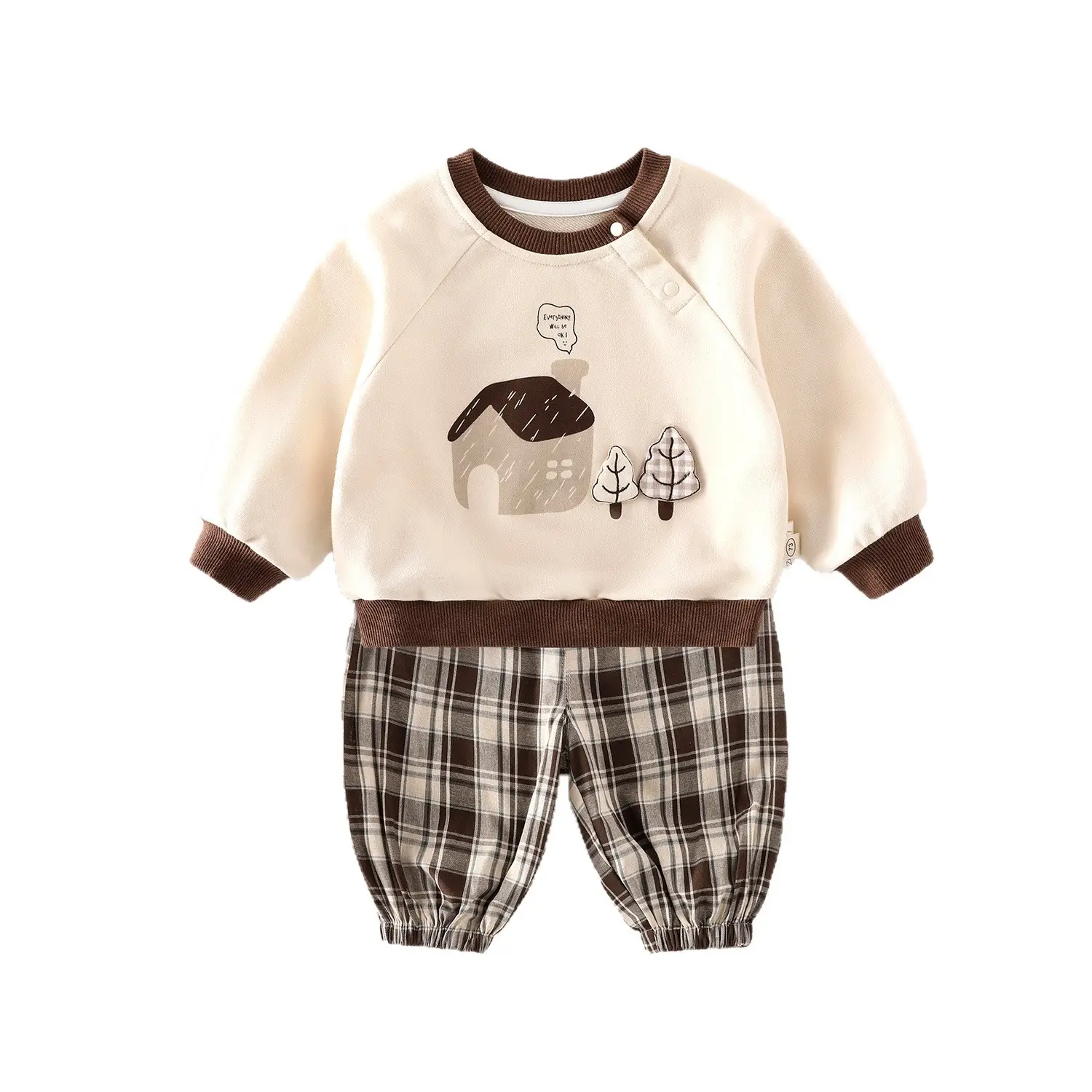 Children's Cartoon Printed Sweatshirt Set Brown Plaid - Image 9
