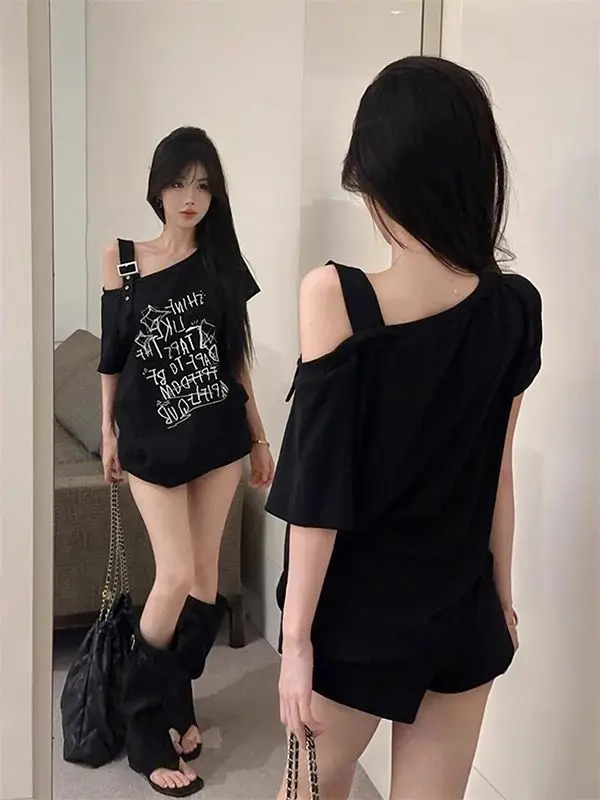 American-Style Hong Kong Fashion Spicy Girl Off-Shoulder Short-Sleeve T-Shirt for Women, Summer Design, Niche Style, Sweet and Cool, Loose Fit, Slimming Top
