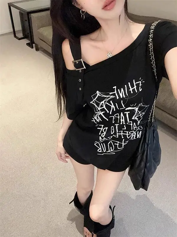 American-Style Hong Kong Fashion Spicy Girl Off-Shoulder Short-Sleeve T-Shirt for Women, Summer Design, Niche Style, Sweet and Cool, Loose Fit, Slimming Top