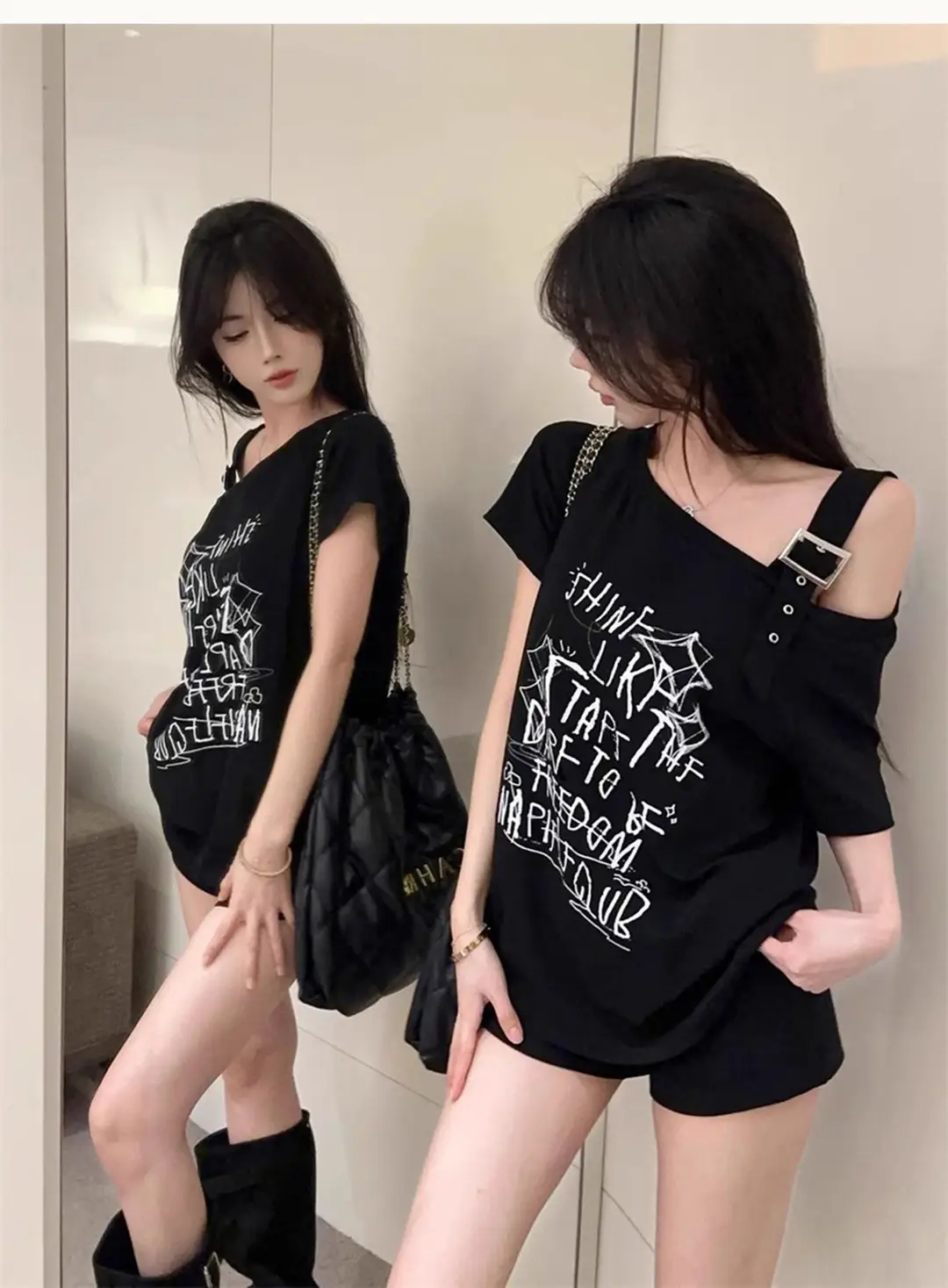 American-Style Hong Kong Fashion Spicy Girl Off-Shoulder Short-Sleeve T-Shirt for Women, Summer Design, Niche Style, Sweet and Cool, Loose Fit, Slimming Top — feature 1