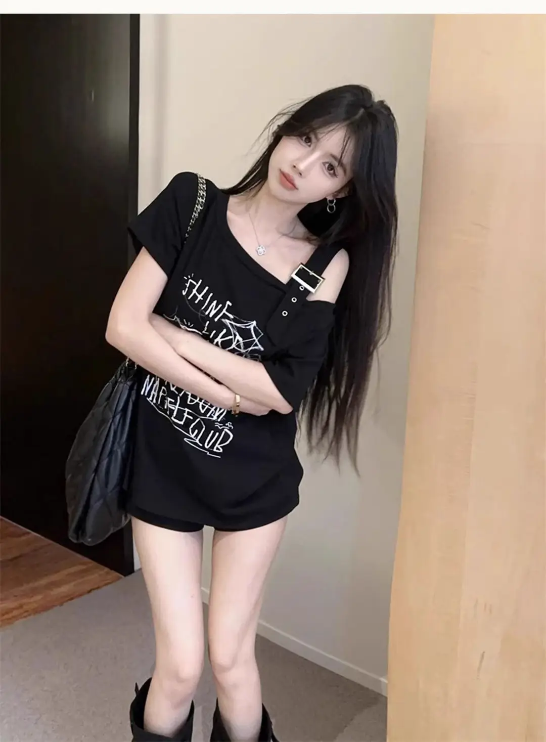 American-Style Hong Kong Fashion Spicy Girl Off-Shoulder Short-Sleeve T-Shirt for Women, Summer Design, Niche Style, Sweet and Cool, Loose Fit, Slimming Top — feature 17