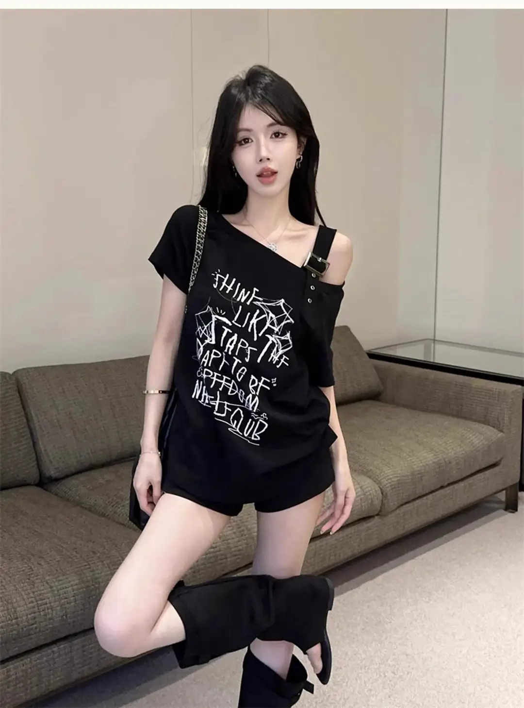 American-Style Hong Kong Fashion Spicy Girl Off-Shoulder Short-Sleeve T-Shirt for Women, Summer Design, Niche Style, Sweet and Cool, Loose Fit, Slimming Top — feature 21
