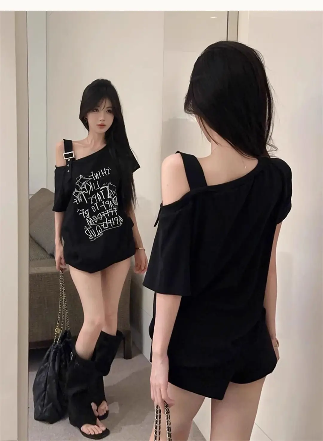 American-Style Hong Kong Fashion Spicy Girl Off-Shoulder Short-Sleeve T-Shirt for Women, Summer Design, Niche Style, Sweet and Cool, Loose Fit, Slimming Top — feature 3