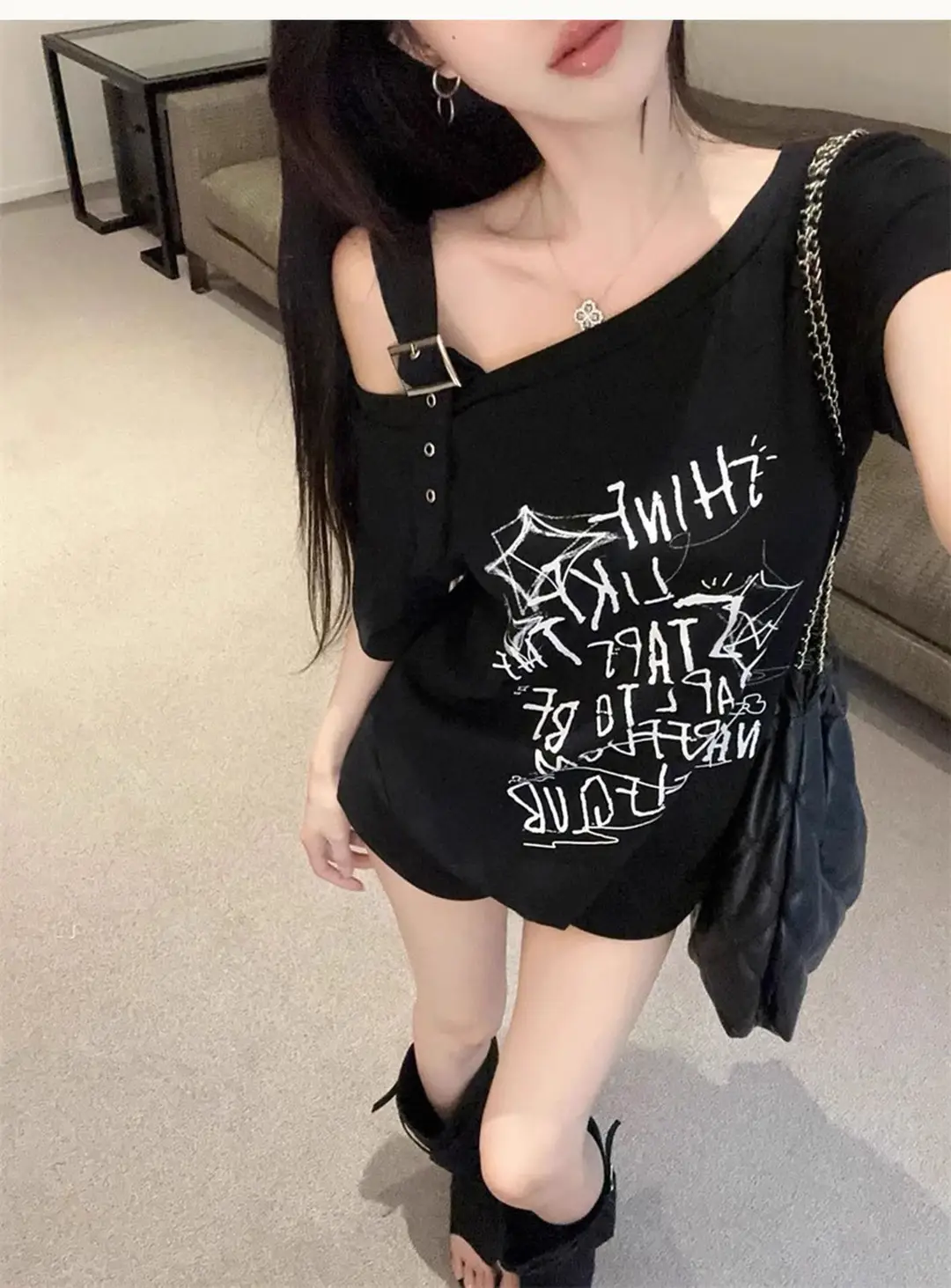 American-Style Hong Kong Fashion Spicy Girl Off-Shoulder Short-Sleeve T-Shirt for Women, Summer Design, Niche Style, Sweet and Cool, Loose Fit, Slimming Top — feature 7