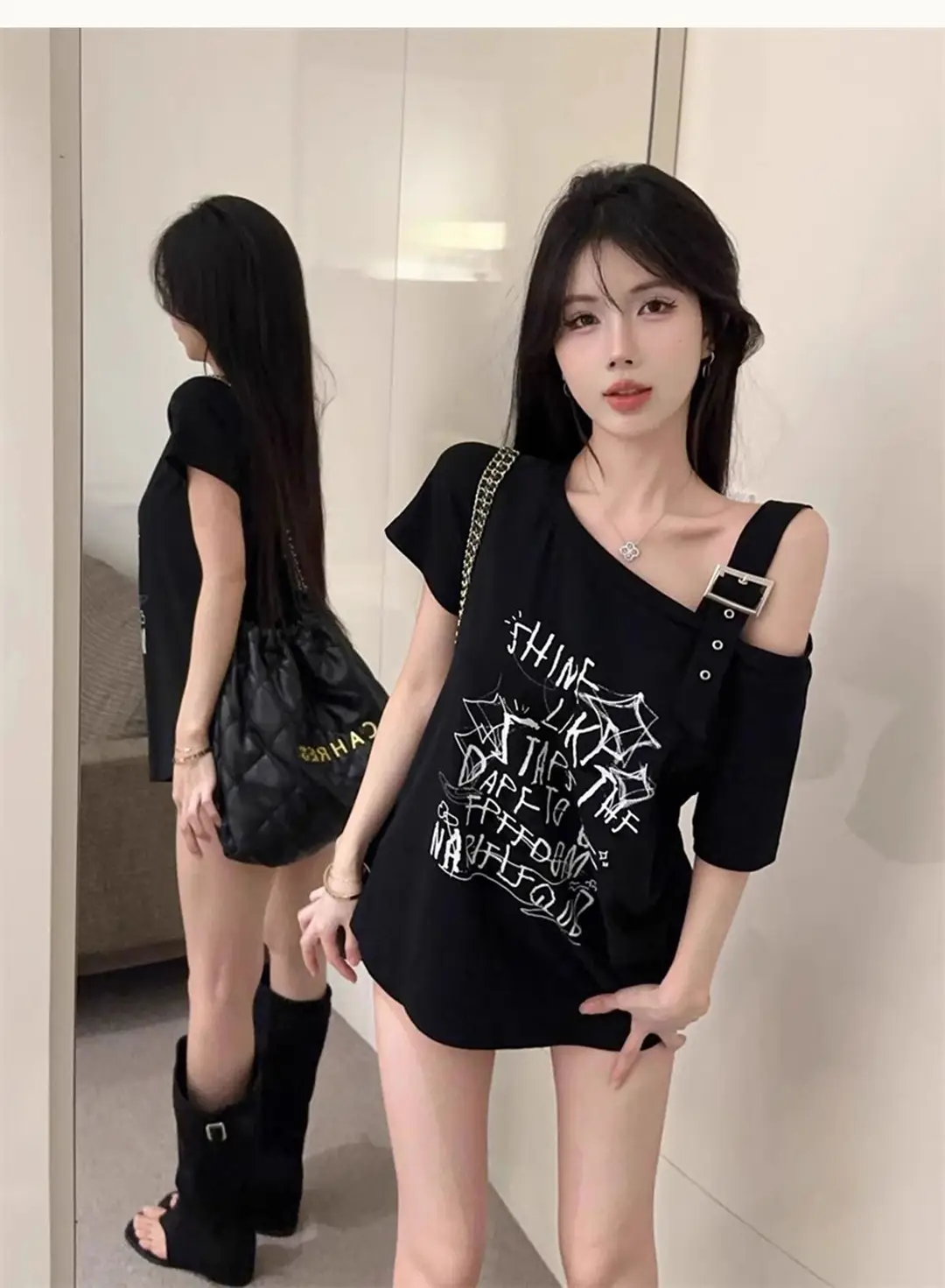 American-Style Hong Kong Fashion Spicy Girl Off-Shoulder Short-Sleeve T-Shirt for Women, Summer Design, Niche Style, Sweet and Cool, Loose Fit, Slimming Top — feature 9