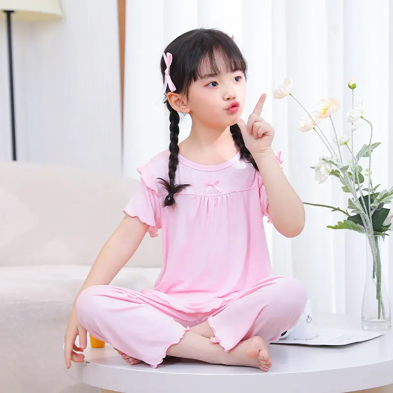 Girls' Short-Sleeved Pajamas, Home Clothes Set, Spring and Summer Thin Children's Air-Conditioned Clothes, Little Girl's Princess Style Suit