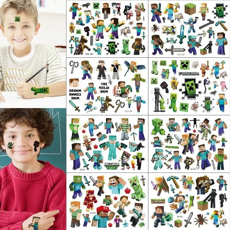 Minecraft Children's Tattoo Stickers for Boys, Waterproof, Long-Lasting, Cute Cartoon Water Transfer Stickers for Girls and Boys