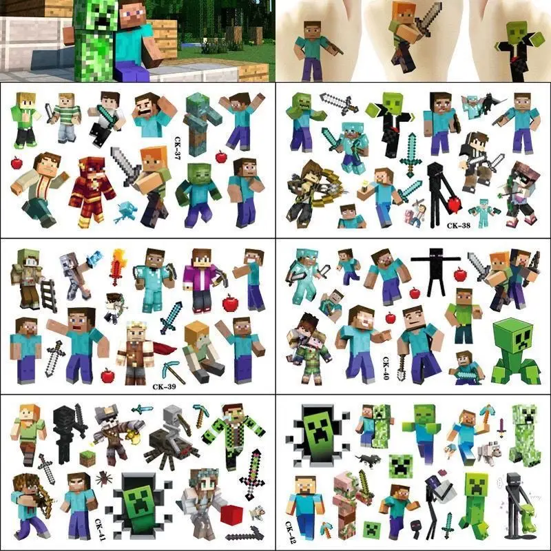 Minecraft Children's Tattoo Stickers for Boys, Waterproof, Long-Lasting, Cute Cartoon Water Transfer Stickers for Girls and Boys