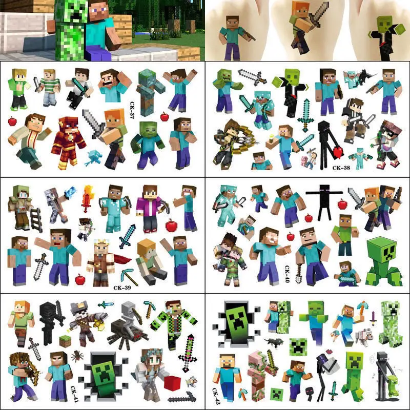 Minecraft Children's Tattoo Stickers for Boys, Waterproof, Long-Lasting, Cute Cartoon Water Transfer Stickers for Girls and Boys
