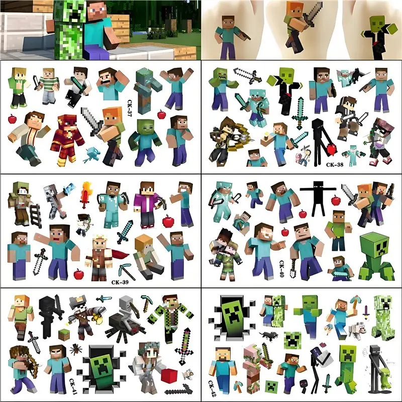Minecraft Children's Tattoo Stickers for Boys, Waterproof, Long-Lasting, Cute Cartoon Water Transfer Stickers for Girls and Boys