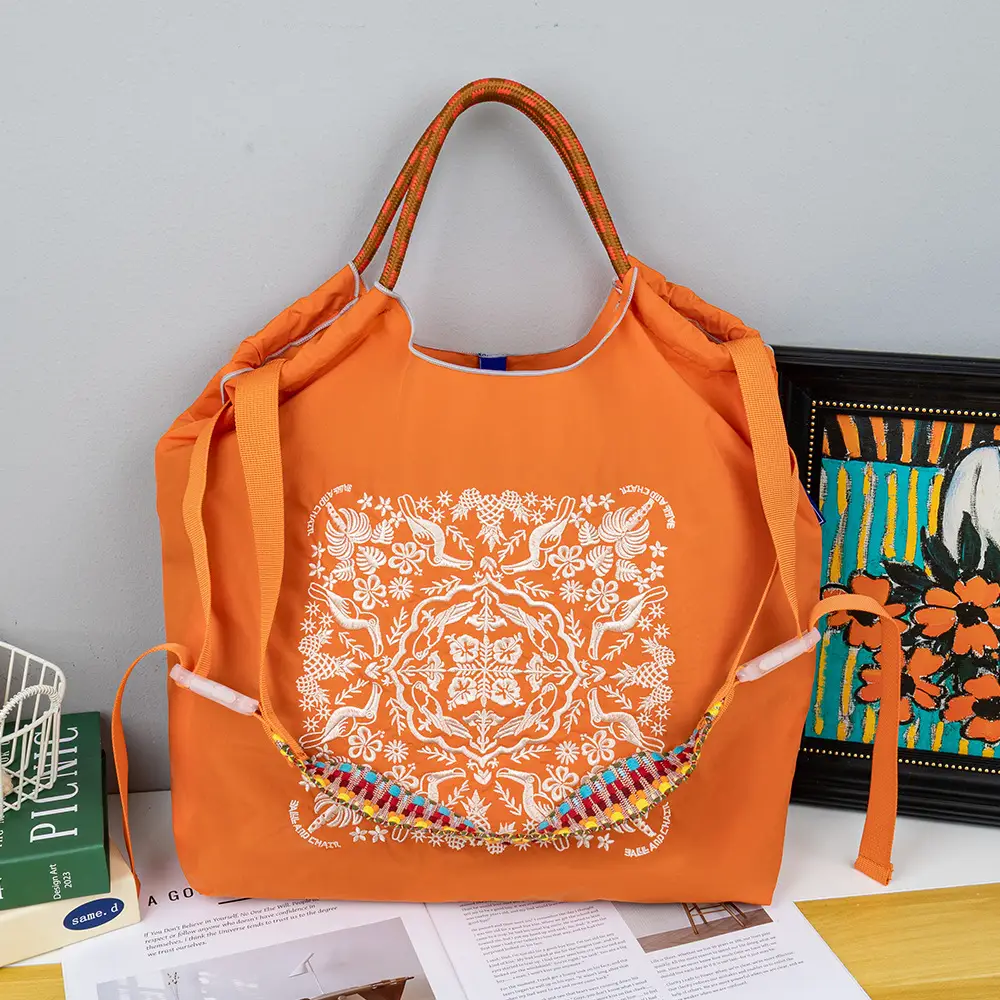New Japanese-Style Embroidered Tote Bag Orange Green